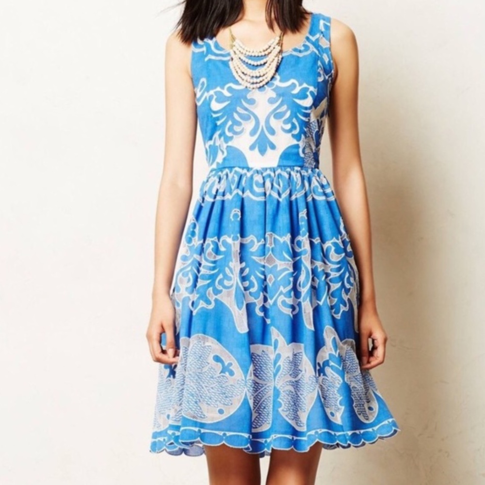Plenty by Tracy Reese Blue and White Printed Fit-and-Flare Dress
